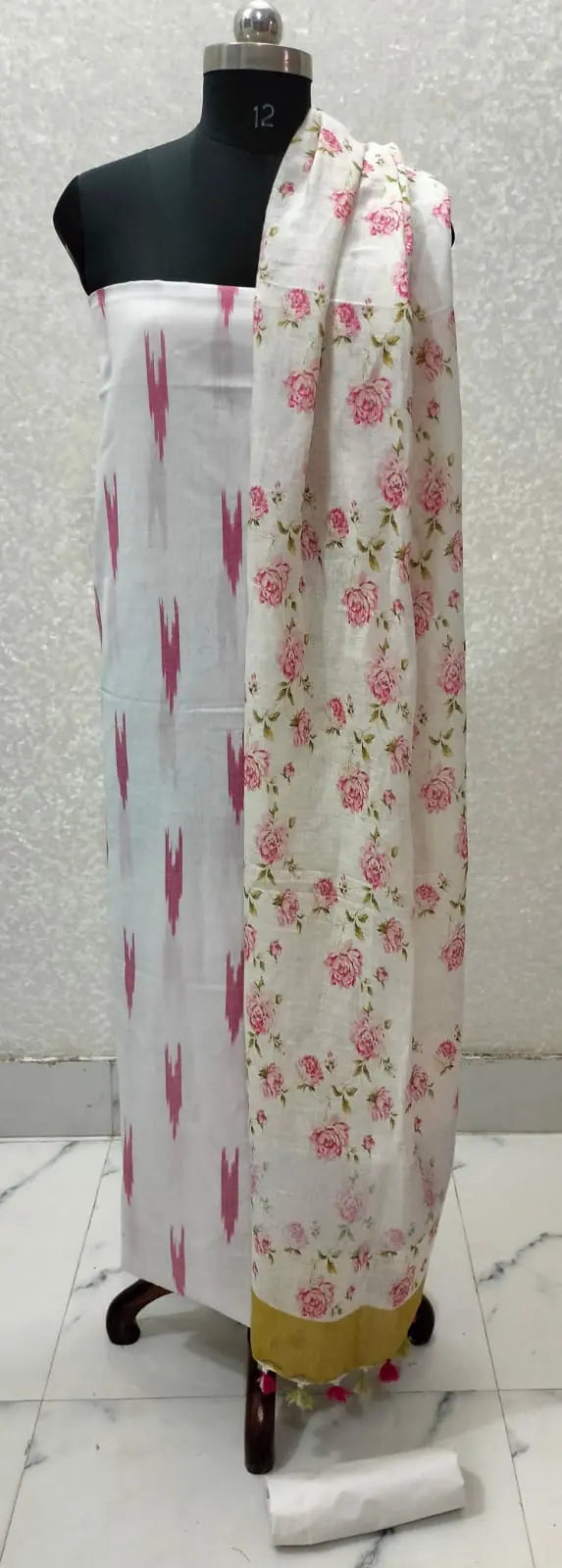White Handloom Ikkat Top and Printed Linen Dupatta 2Pc Unstitched Dress Material kihums clothing