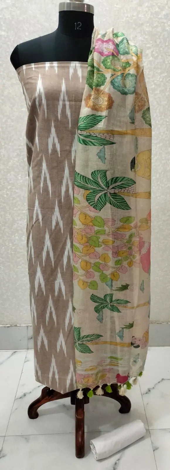 Beige Handloom Ikkat Top and Printed Linen Dupatta 2Pc Unstitched Dress Material kihums clothing