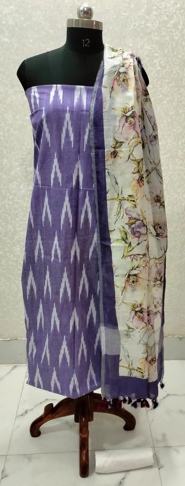 Orchid Handloom Ikkat Top and Printed Linen Dupatta 2Pc Unstitched Dress Material