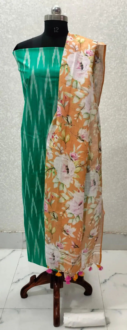 Green Handloom Ikkat Top and Printed Linen Dupatta 2Pc Unstitched Dress Material kihums clothing