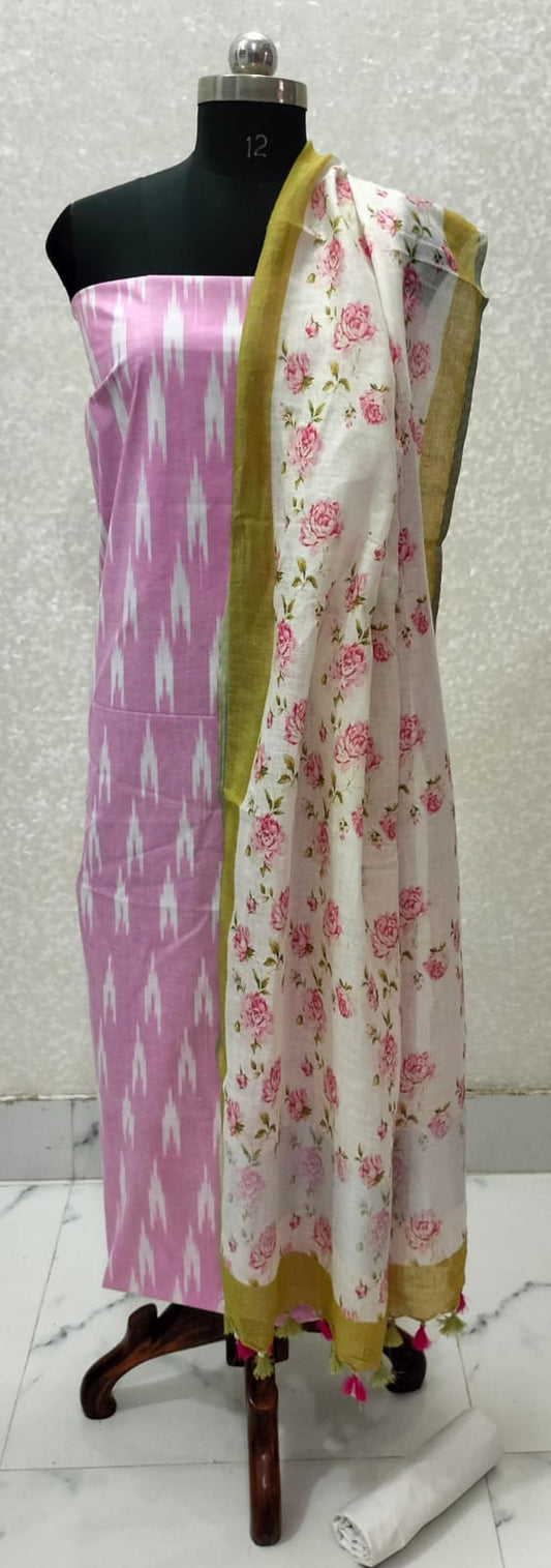 Lavendar Handloom Ikkat Top and Printed Linen Dupatta 2Pc Unstitched Dress Material