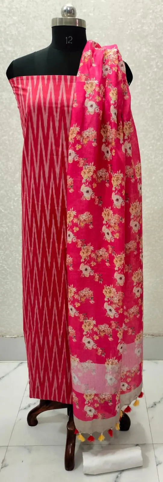 Tomato Handloom Ikkat Top and Printed Linen Dupatta 2Pc Unstitched Dress Material kihums clothing