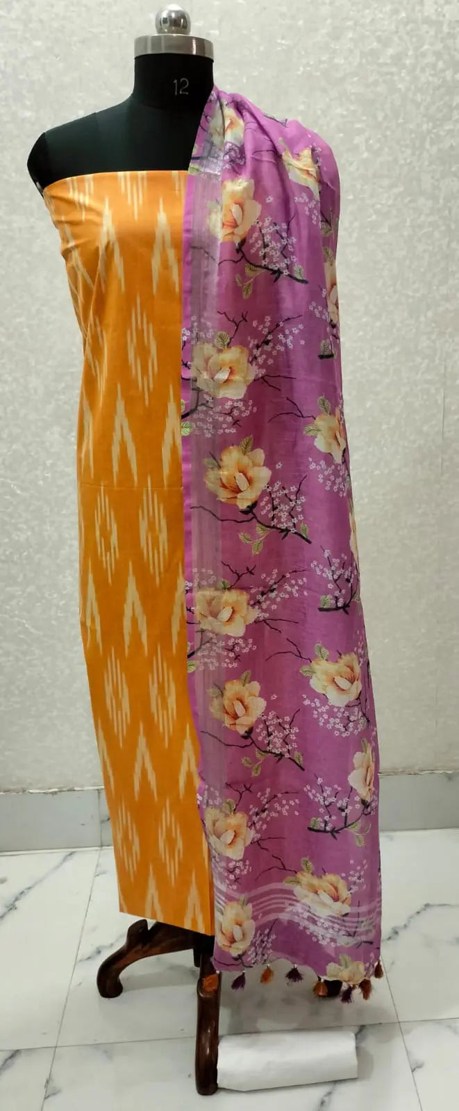 Orange Handloom Ikkat Top and Printed Linen Dupatta 2Pc Unstitched Dress Material kihums clothing