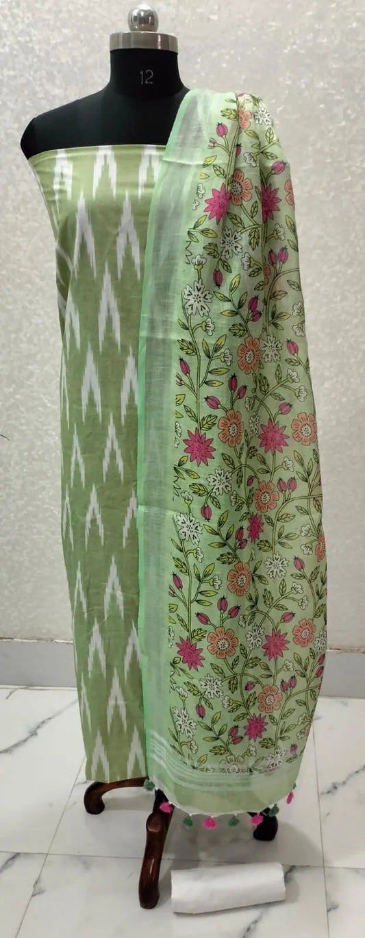 Green Handloom Ikkat Top and Printed Linen Dupatta 2Pc Unstitched Dress Material kihums clothing