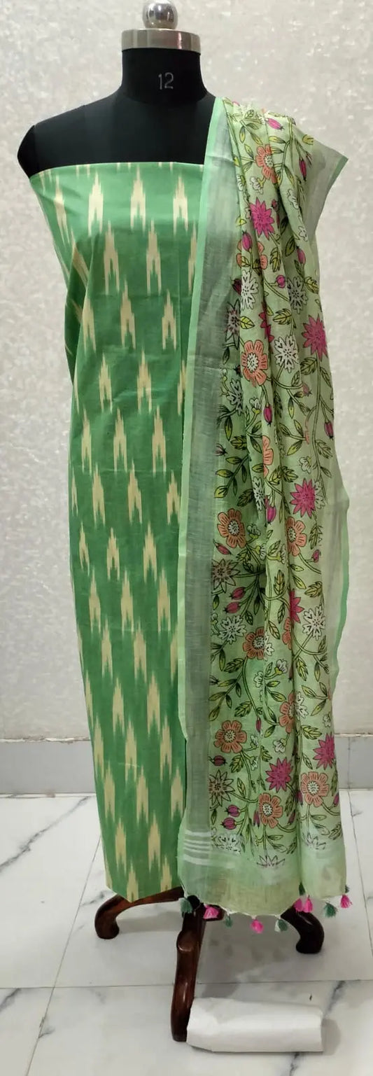 Green Handloom Ikkat Top and Printed Linen Dupatta 2Pc Unstitched Dress Material kihums clothing
