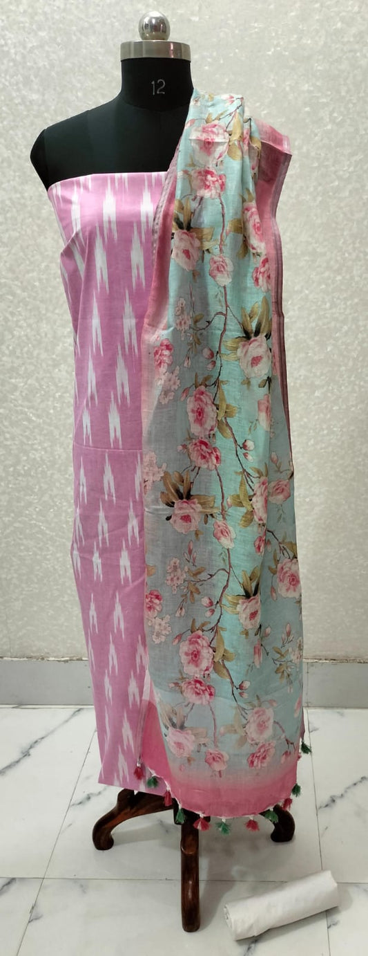 Lavendar Pink Handloom Ikkat Top and Printed Linen Dupatta 2Pc Unstitched Dress Material