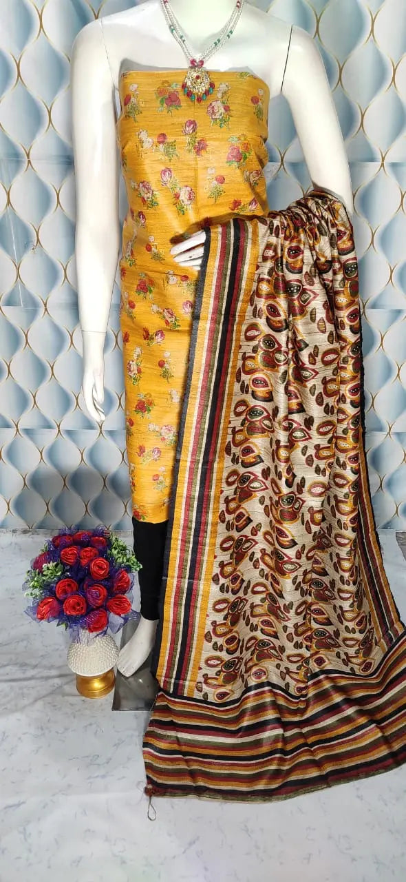 Yellow Shade Handloom Tussar Silk Digital printed Unstitched 2PC Dress Material