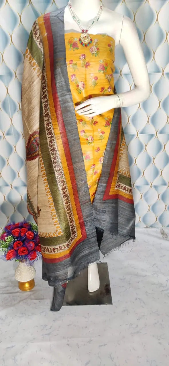 Yellow Shade Handloom Tussar Silk Digital printed Unstitched 2PC Dress Material kihums clothing