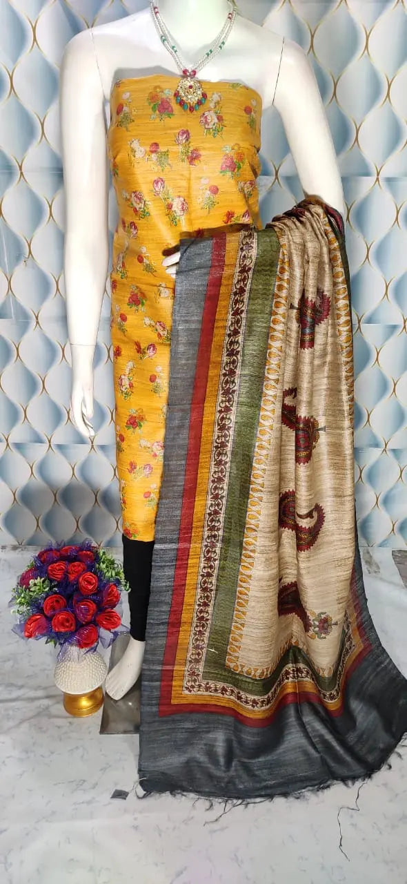 Yellow Shade Handloom Tussar Silk Digital printed Unstitched 2PC Dress Material kihums clothing