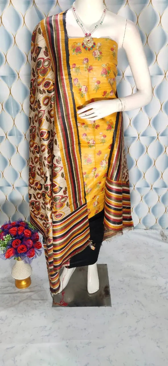 Yellow Shade Handloom Tussar Silk Digital printed Unstitched 2PC Dress Material