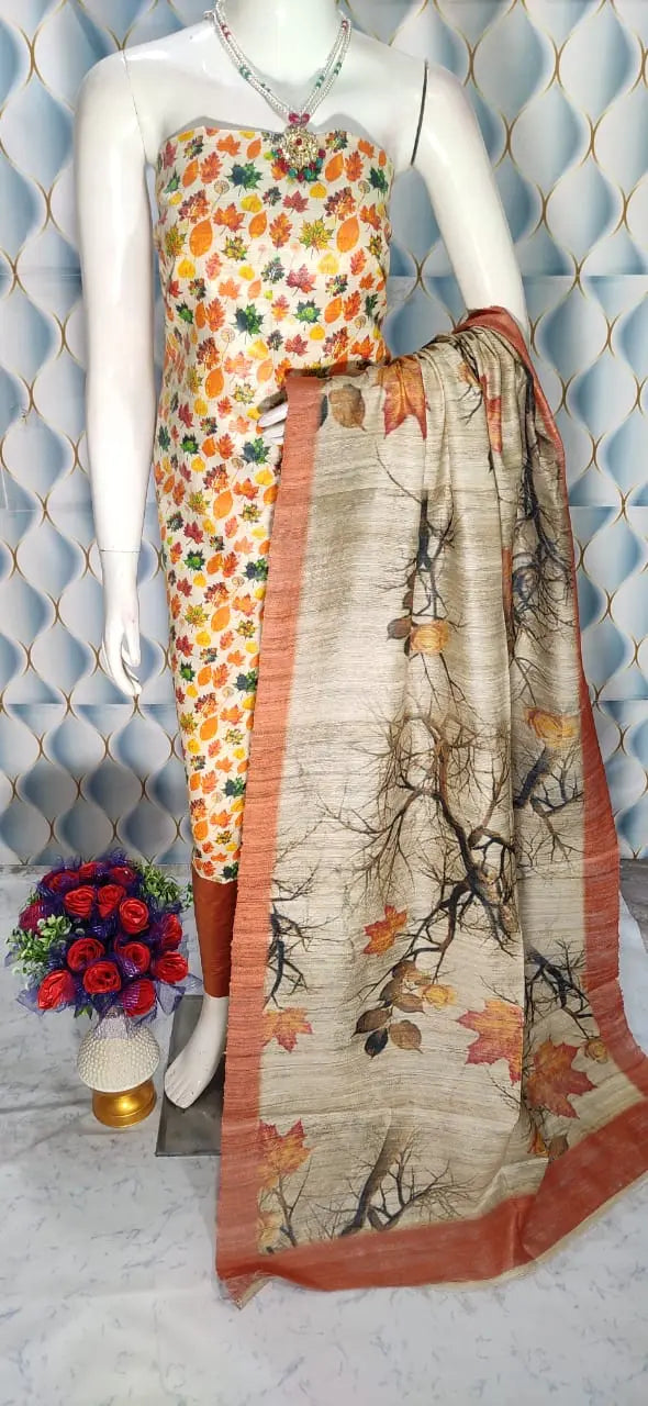 Beige Shade Handloom Tussar Silk Digital printed Unstitched 2PC Dress Material kihums clothing