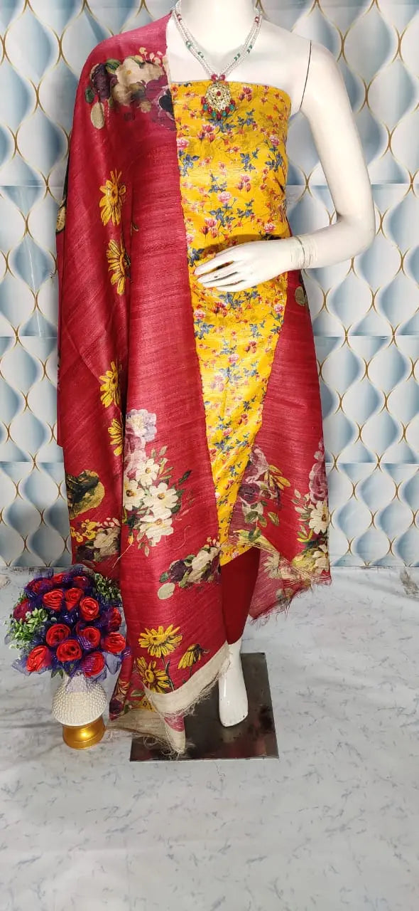 Yellow Shade Handloom Tussar Silk Digital printed Unstitched 2PC Dress Material kihums clothing