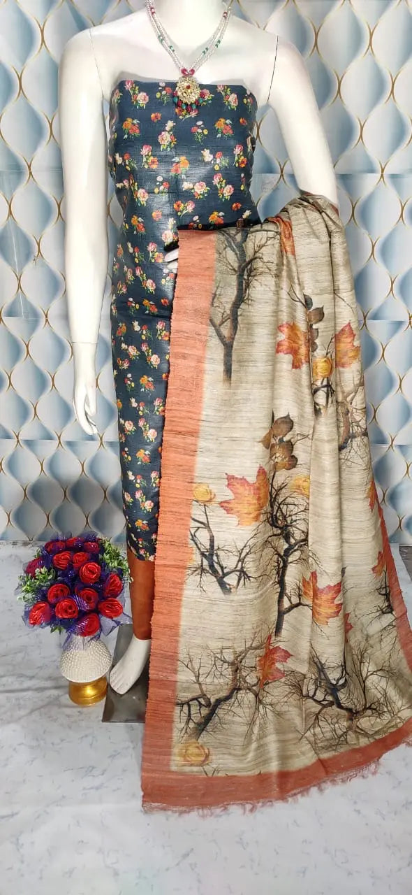 Black Shade Handloom Tussar Silk Digital printed Unstitched 2PC Dress Material kihums clothing