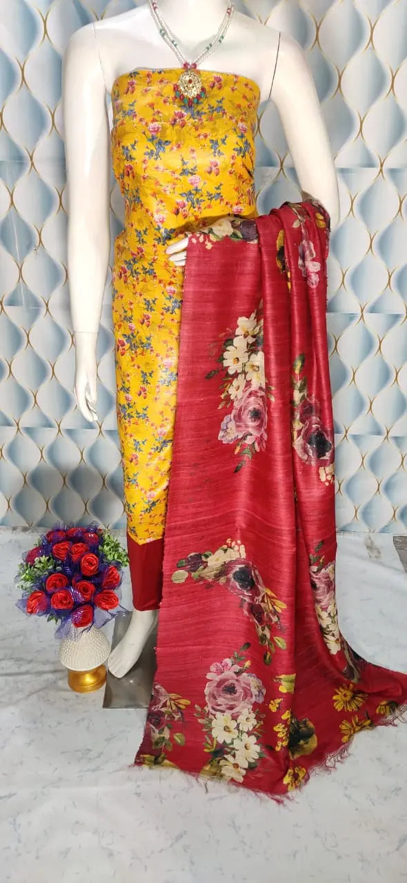 Yellow Shade Handloom Tussar Silk Digital printed Unstitched 2PC Dress Material kihums clothing