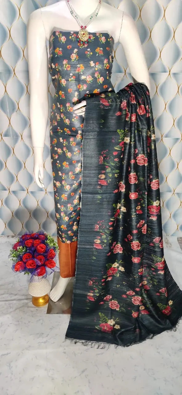 Black Shade Handloom Tussar Silk Digital printed Unstitched 2PC Dress Material kihums clothing