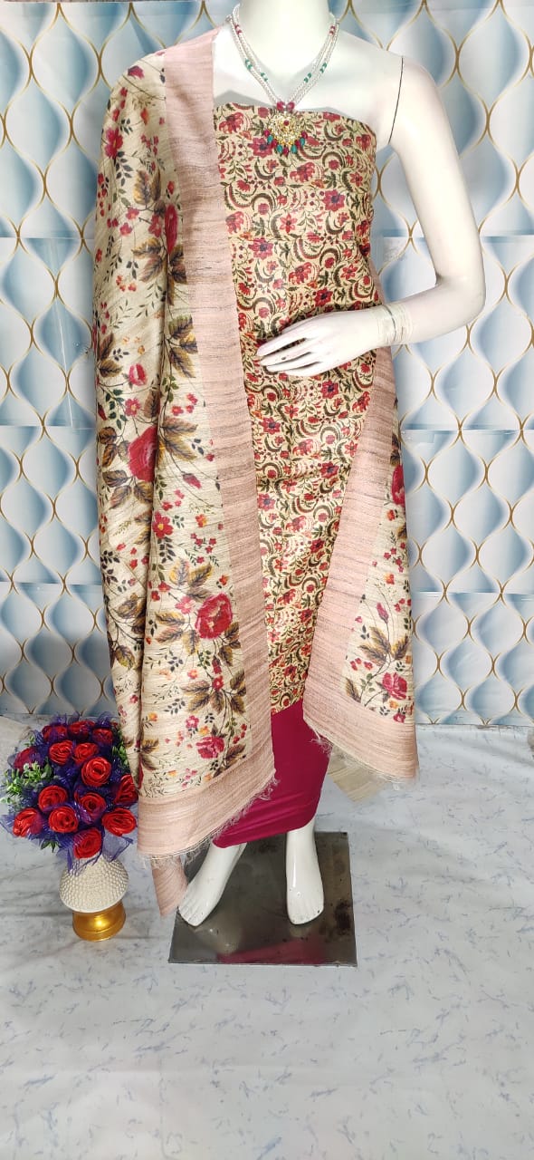 Beige Shade Handloom Tussar Silk Digital printed Unstitched  2PC Dress Material
