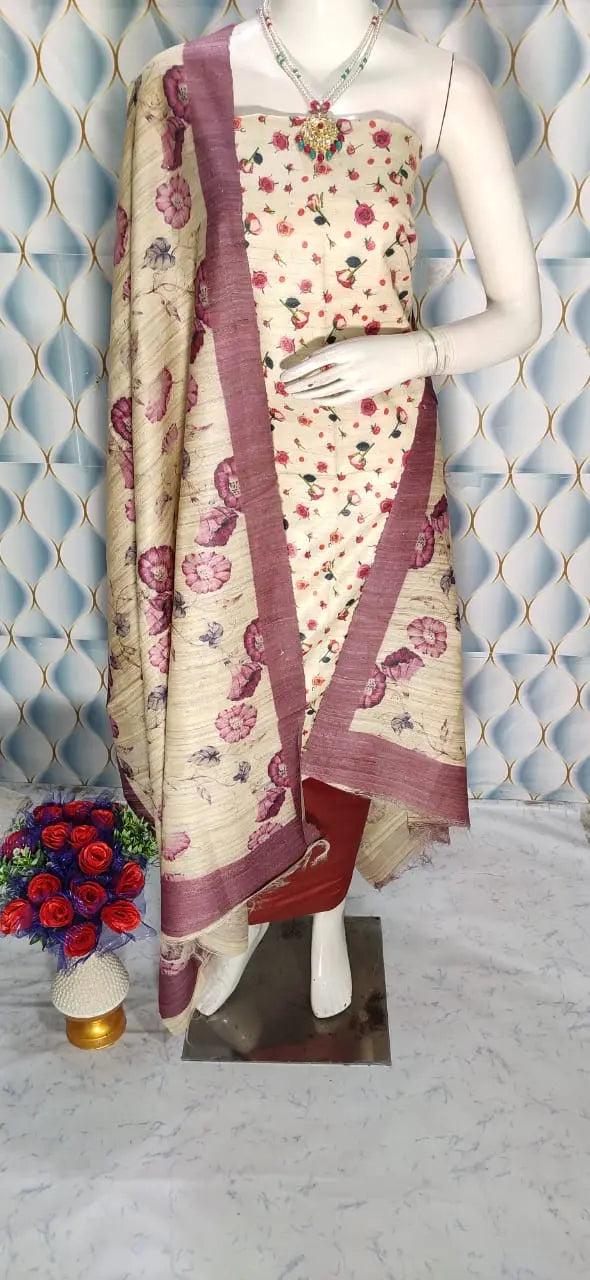 Beige Shade Handloom Tussar Silk Digital printed Unstitched 2PC Dress Material kihums clothing
