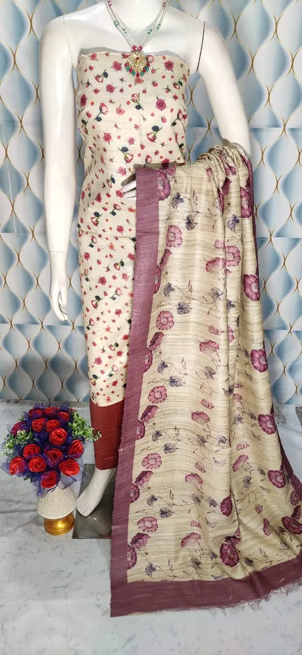 Beige Shade Handloom Tussar Silk Digital printed Unstitched 2PC Dress Material kihums clothing