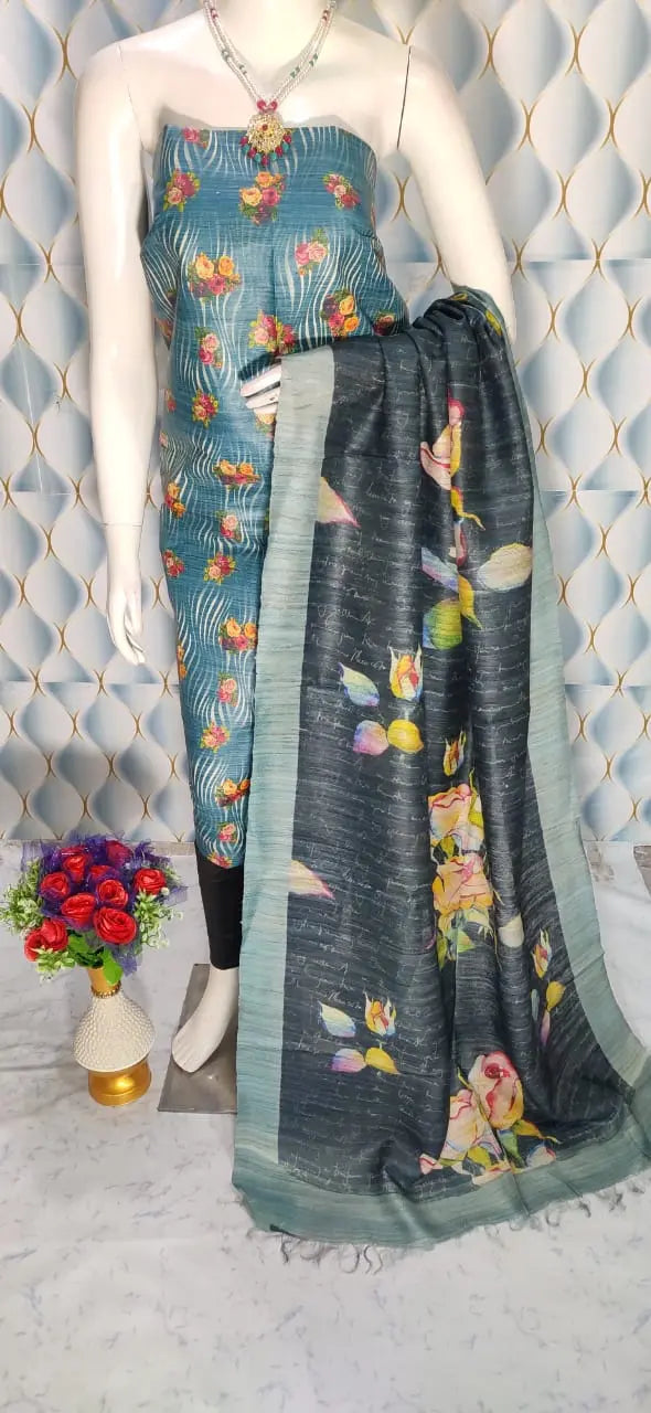 Blue Shade Handloom Tussar Silk Digital printed Unstitched 2PC Dress Material kihums clothing