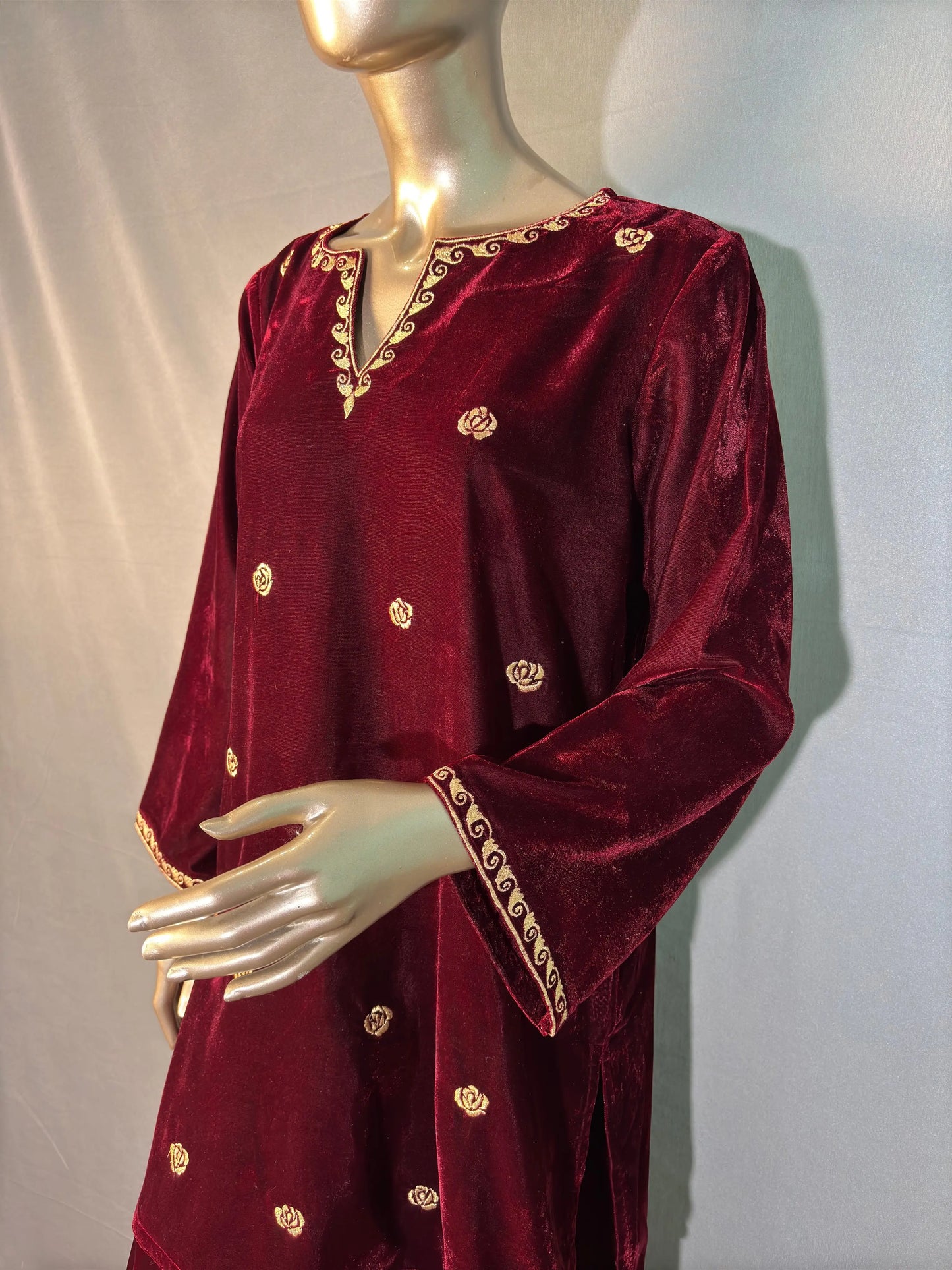 Maroon Shade Zari Embroidered Velvet Co-ord sets | Kurta with Palazzos kihums clothing