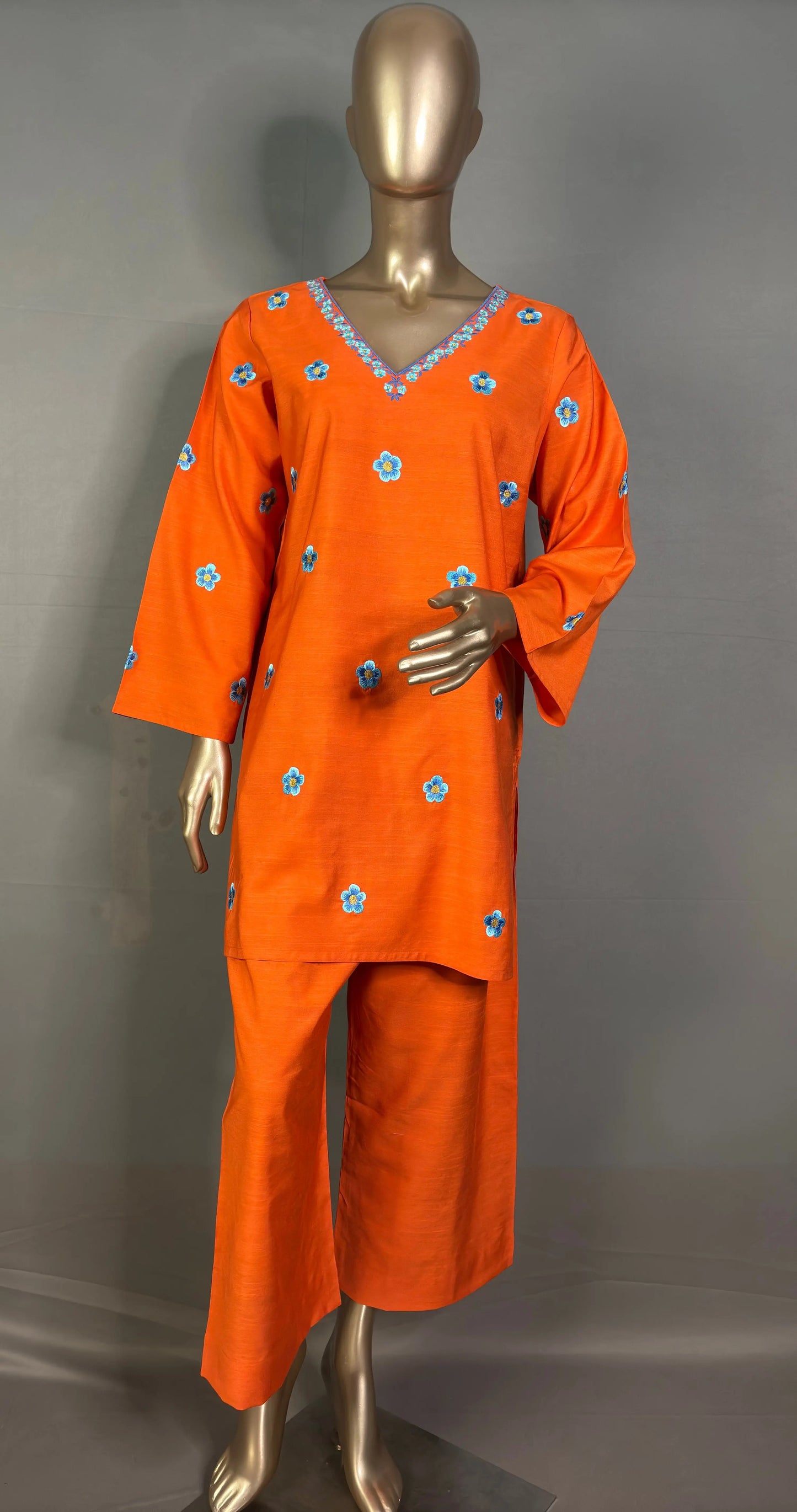 Orange- Pakistani Silhouette Floral Embroidery Kurta Set kihums clothing