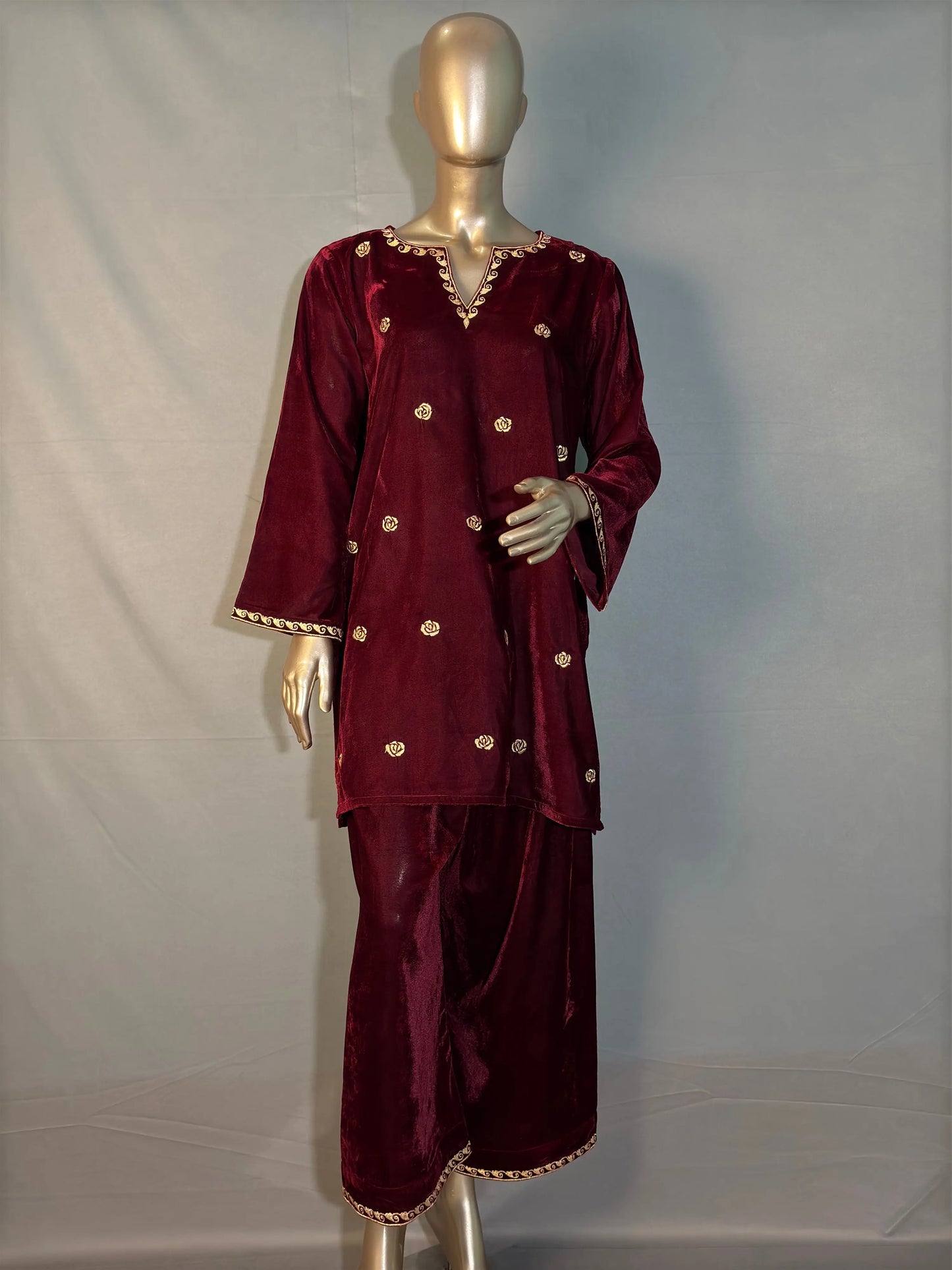 Maroon Shade Zari Embroidered Velvet Co-ord sets | Kurta with Palazzos kihums clothing