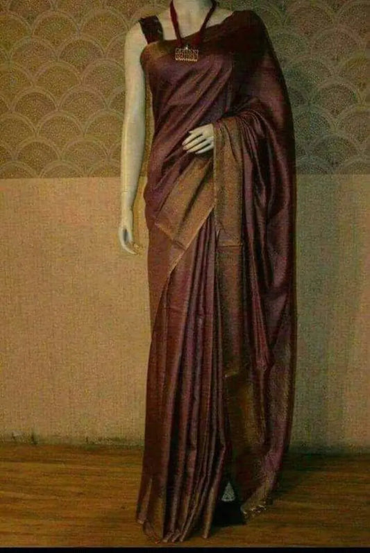 Dark Chocolate Shade Handwoven Munga Tussar Silk Saree | Golden Zari Border | KIHUMS Saree kihums clothing