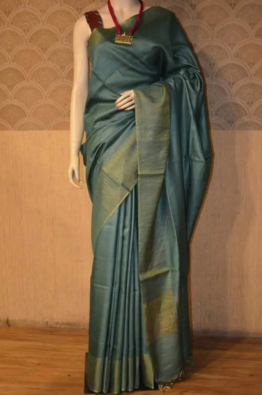 Moss Green Shade Handwoven Munga Tussar Silk Saree | Golden Zari Border | KIHUMS Saree kihums clothing