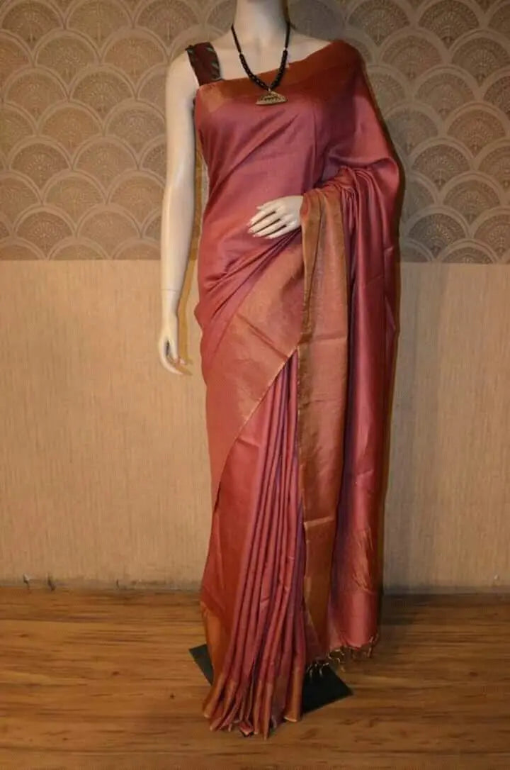 Wine Shade Handwoven Munga Tussar Silk Saree | Golden Zari Border | KIHUMS Saree