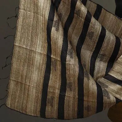Black and Cream Shade Handloom Dupion Tussar Silk Unstitched Dress Material kihums clothing
