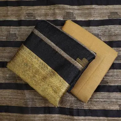 Black and Cream Shade Handloom Dupion Tussar Silk Unstitched Dress Material kihums clothing