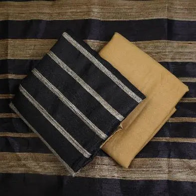 Black and Cream Handloom Dupion Tussar Silk Unstitched Dress Material kihums clothing