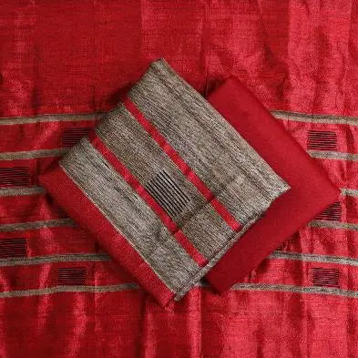 Red and Cream Handloom Dupion Tussar Silk Unstitched Dress Material kihums clothing