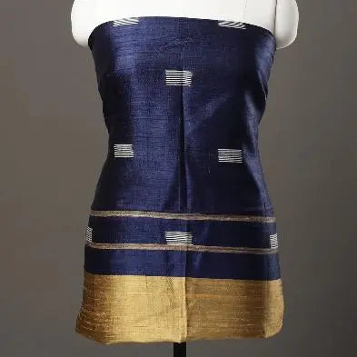 Blue and Cream Handloom Dupion Tussar Silk Unstitched Dress Material kihums clothing