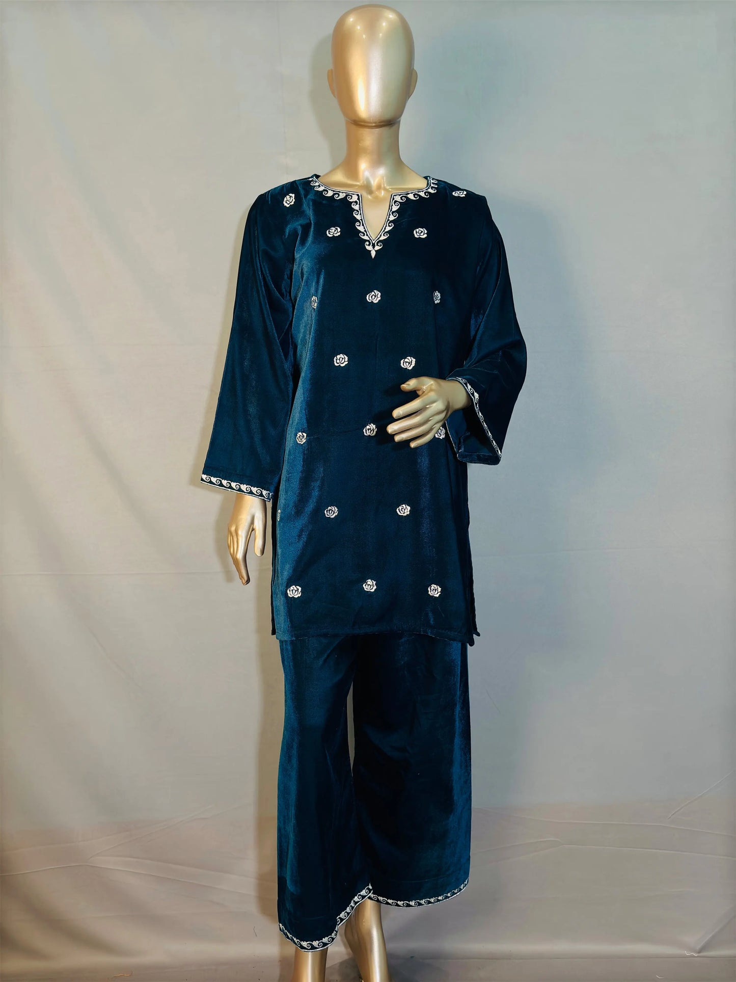 Petrol Blue Zari Embroidered Velvet Co-ord sets | Kurta with Palazzos kihums clothing