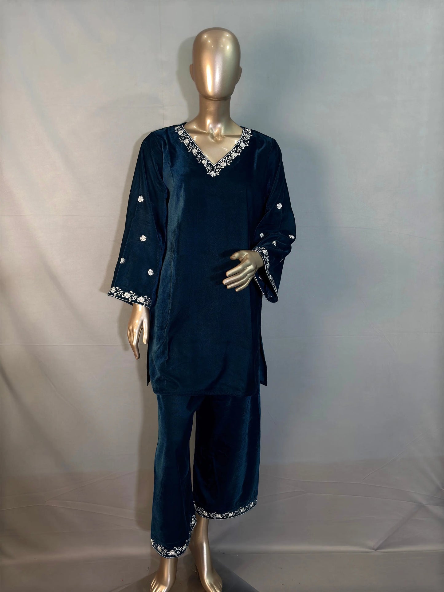 Petrol Blue Zari Embroidered Velvet Pakistani Style Co-ord sets | Kurta with Palazzos kihums clothing