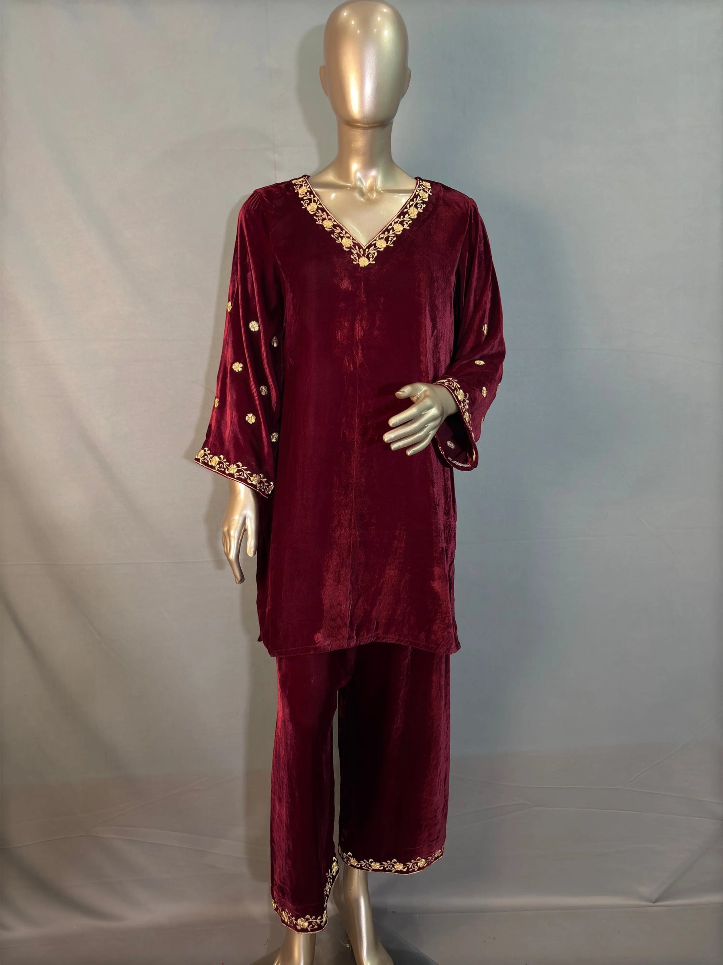 Maroon Zari Embroidered Velvet Co-ord sets | Kurta with Palazzos kihums clothing