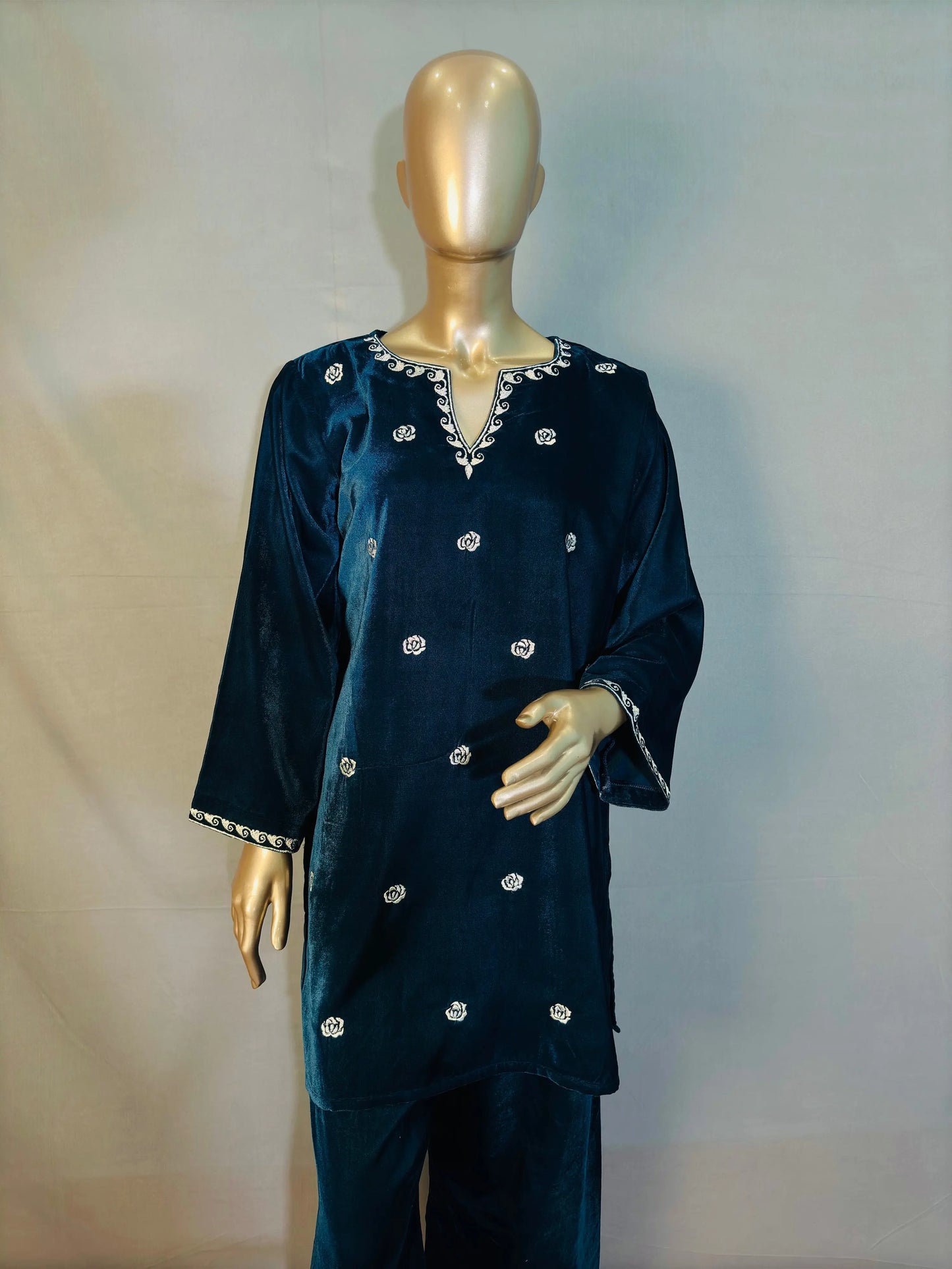 Petrol Blue Zari Embroidered Velvet Co-ord sets | Kurta with Palazzos kihums clothing