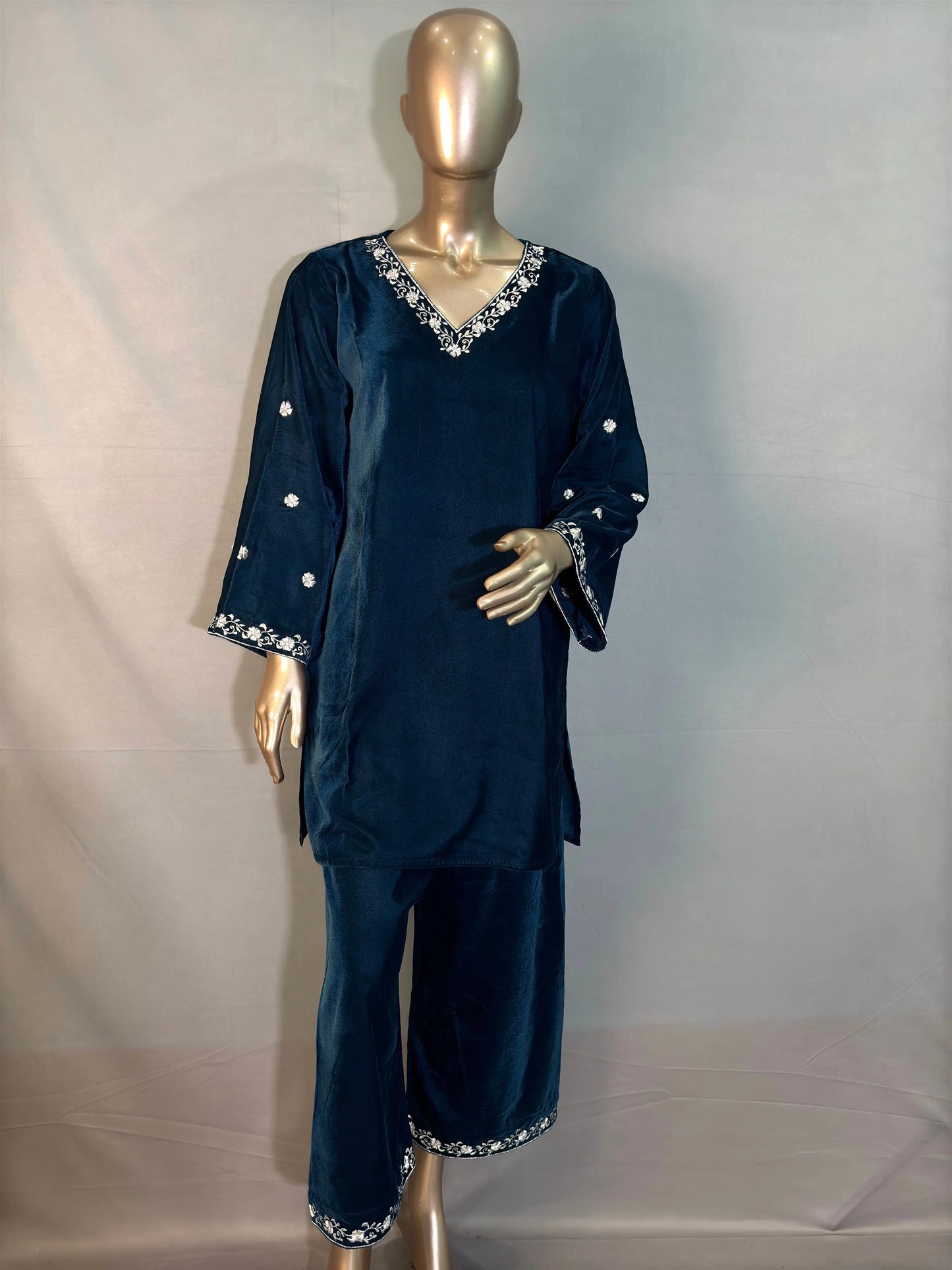 Petrol Blue Zari Embroidered Velvet Pakistani Style Co-ord sets | Kurta with Palazzos kihums clothing