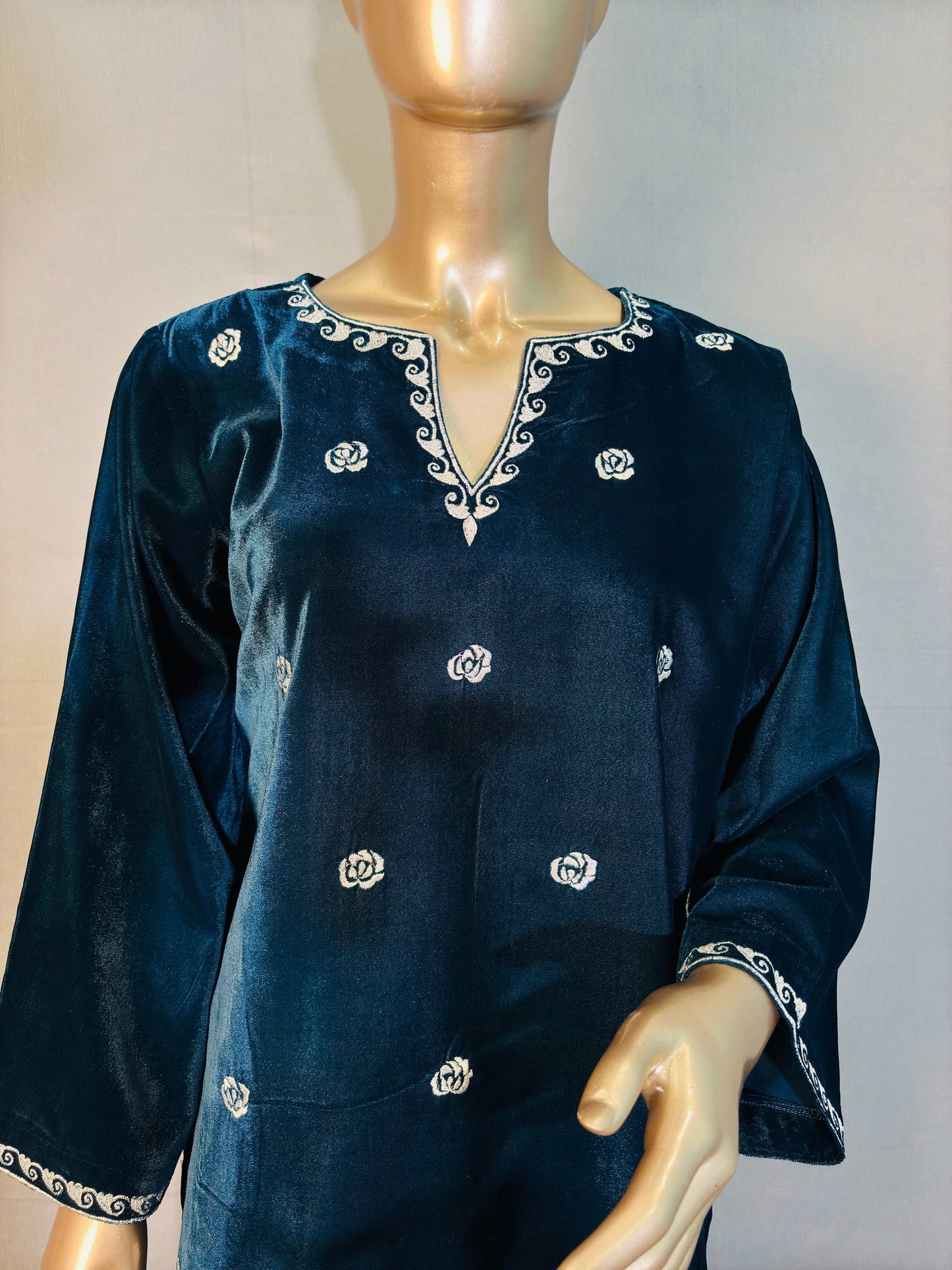 Petrol Blue Zari Embroidered Velvet Co-ord sets | Kurta with Palazzos kihums clothing