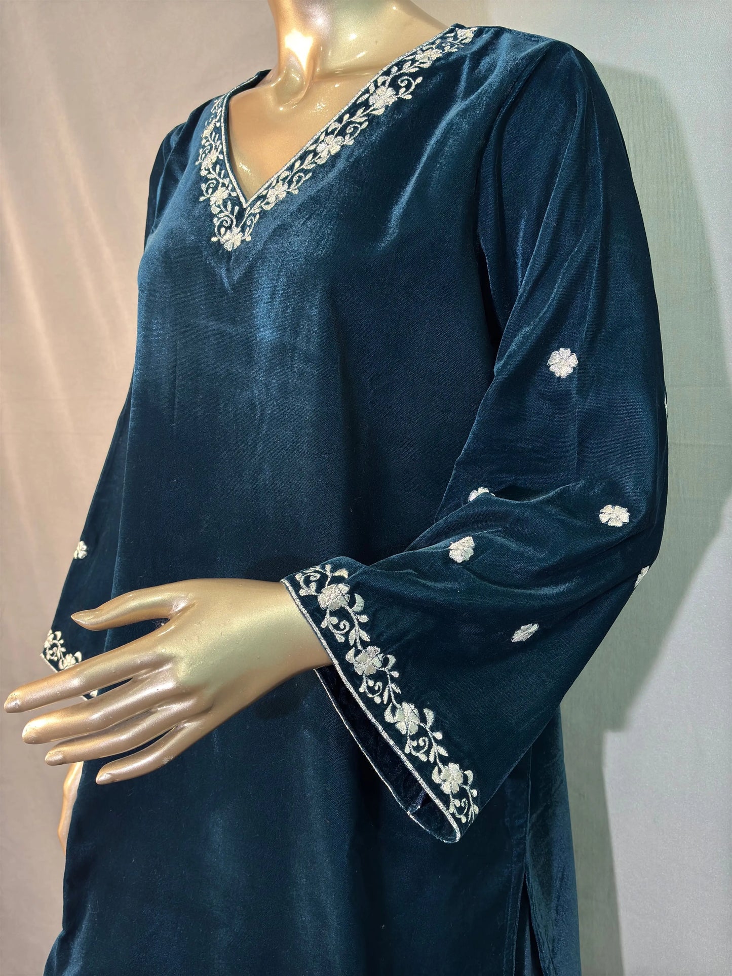 Petrol Blue Zari Embroidered Velvet Pakistani Style Co-ord sets | Kurta with Palazzos kihums clothing