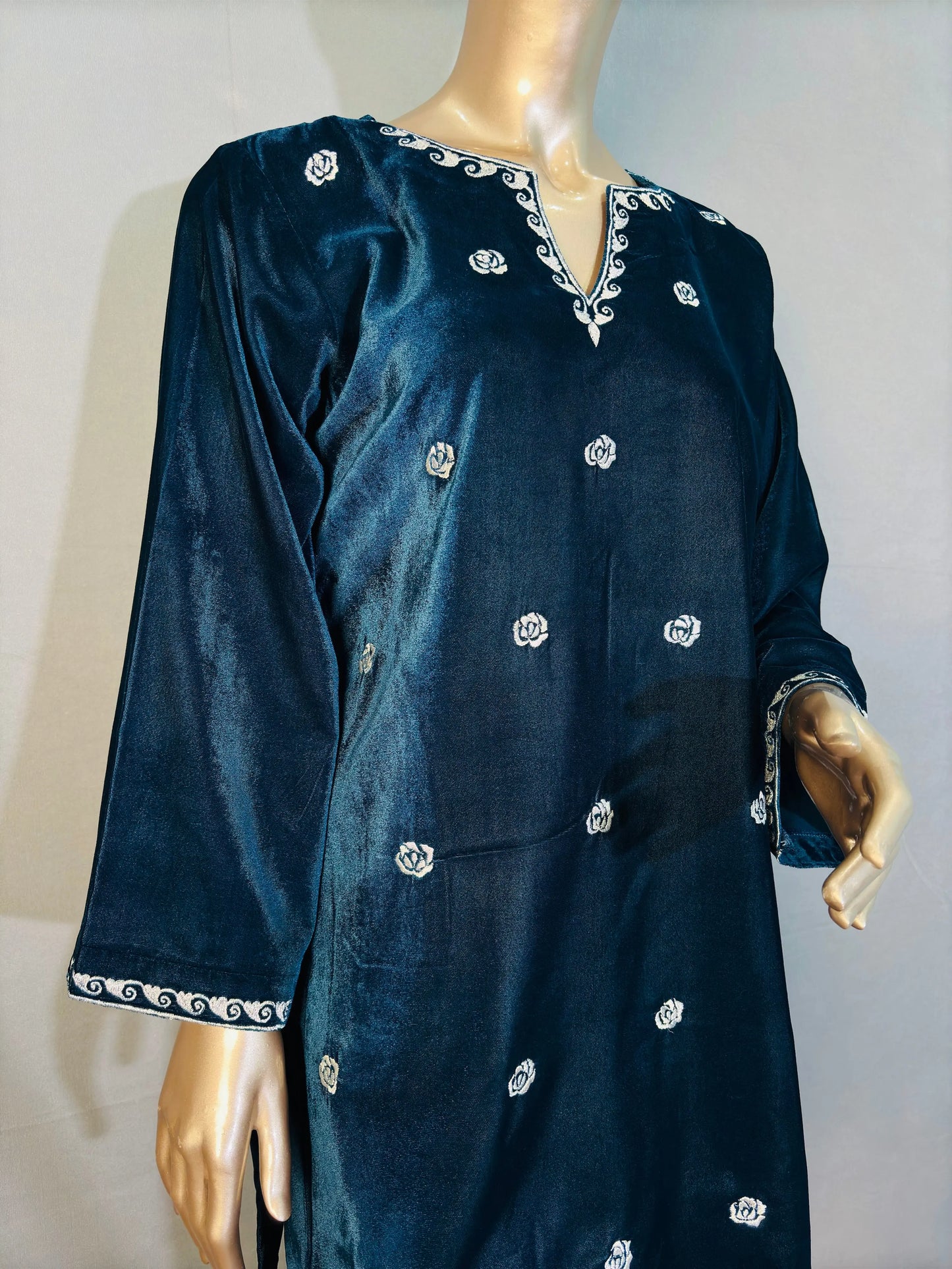 Petrol Blue Zari Embroidered Velvet Co-ord sets | Kurta with Palazzos kihums clothing