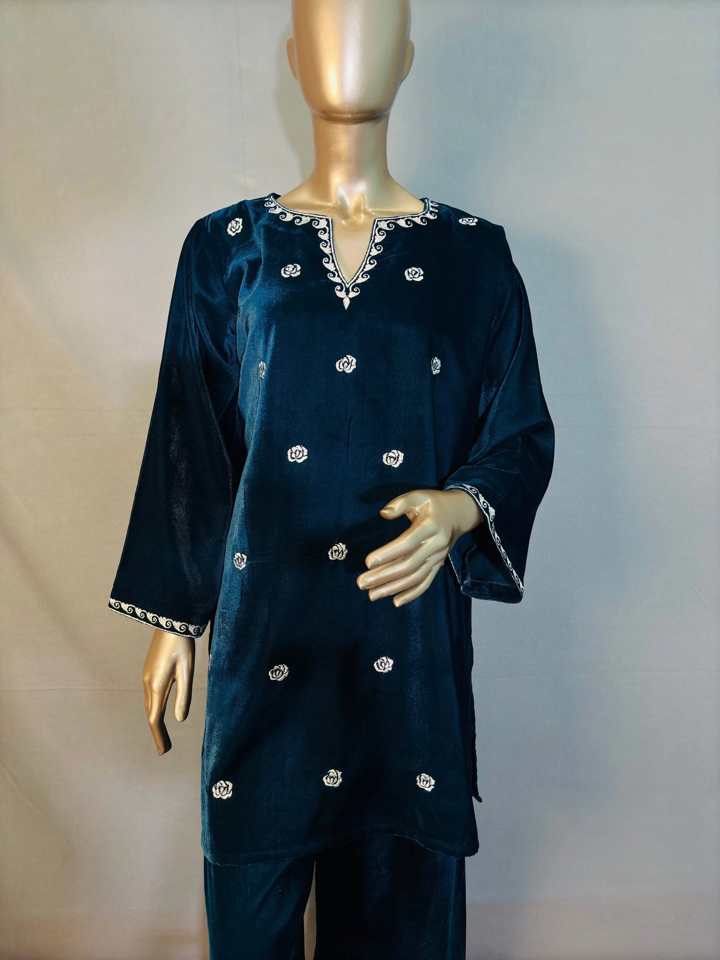 Petrol Blue Zari Embroidered Velvet Co-ord sets | Kurta with Palazzos kihums clothing