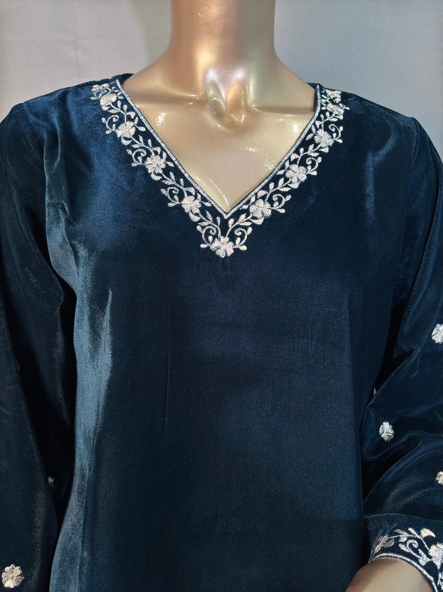 Petrol Blue Zari Embroidered Velvet Pakistani Style Co-ord sets | Kurta with Palazzos kihums clothing