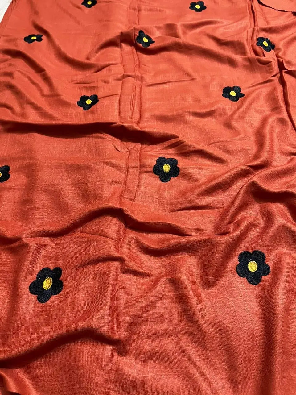 Handloom 100% Viscose Fabric with Embroidery motif - Rust with Black floral embroidery kihums clothing