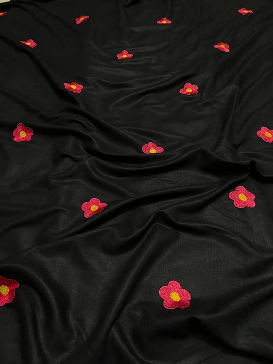 Handloom 100% Viscose Fabric with Embroidery motif - Black with Pink floral embroidery kihums clothing
