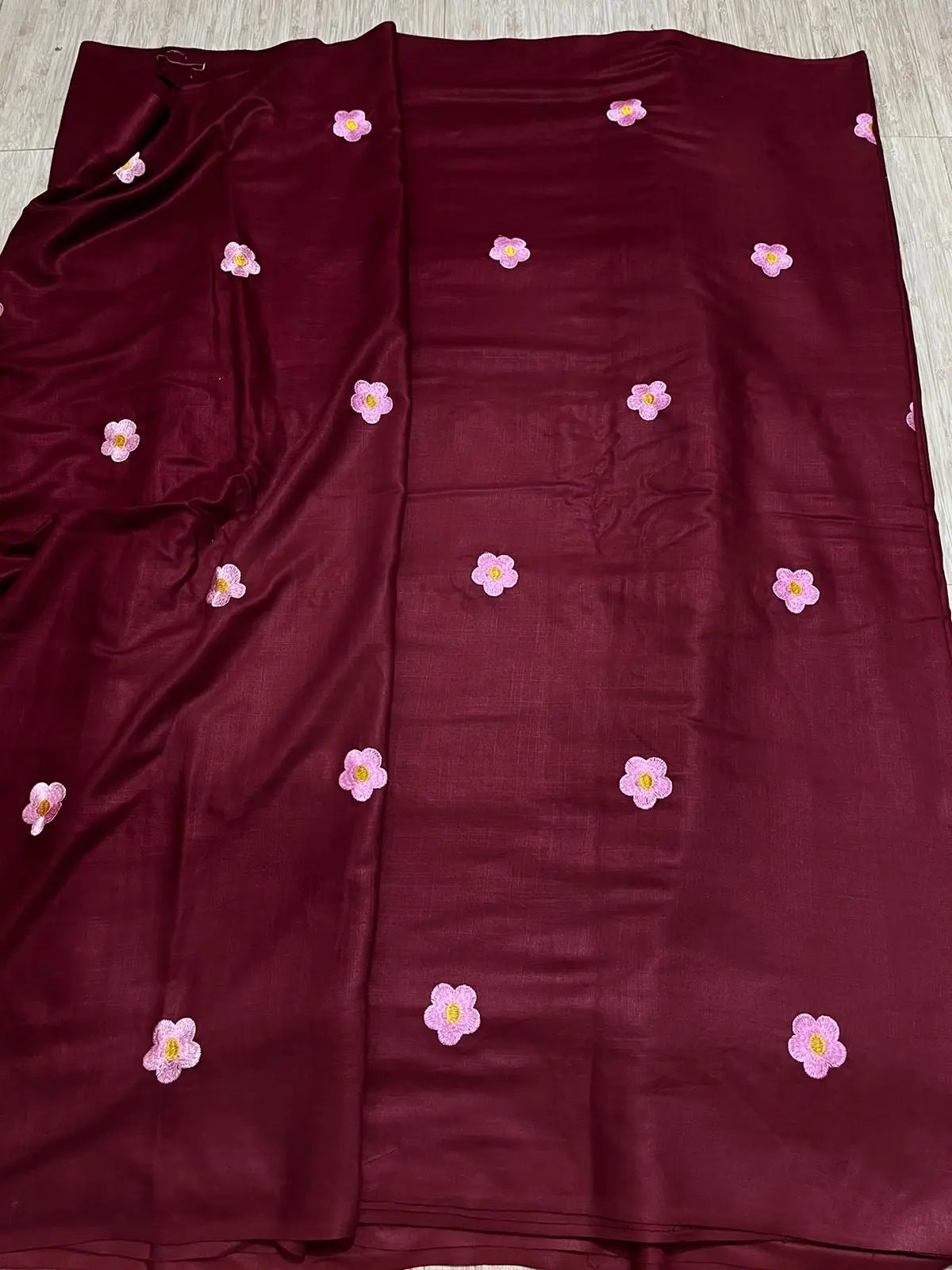 Handloom 100% Viscose Fabric with Embroidery motif - Dark Maroon with baby pink floral embroidery kihums clothing