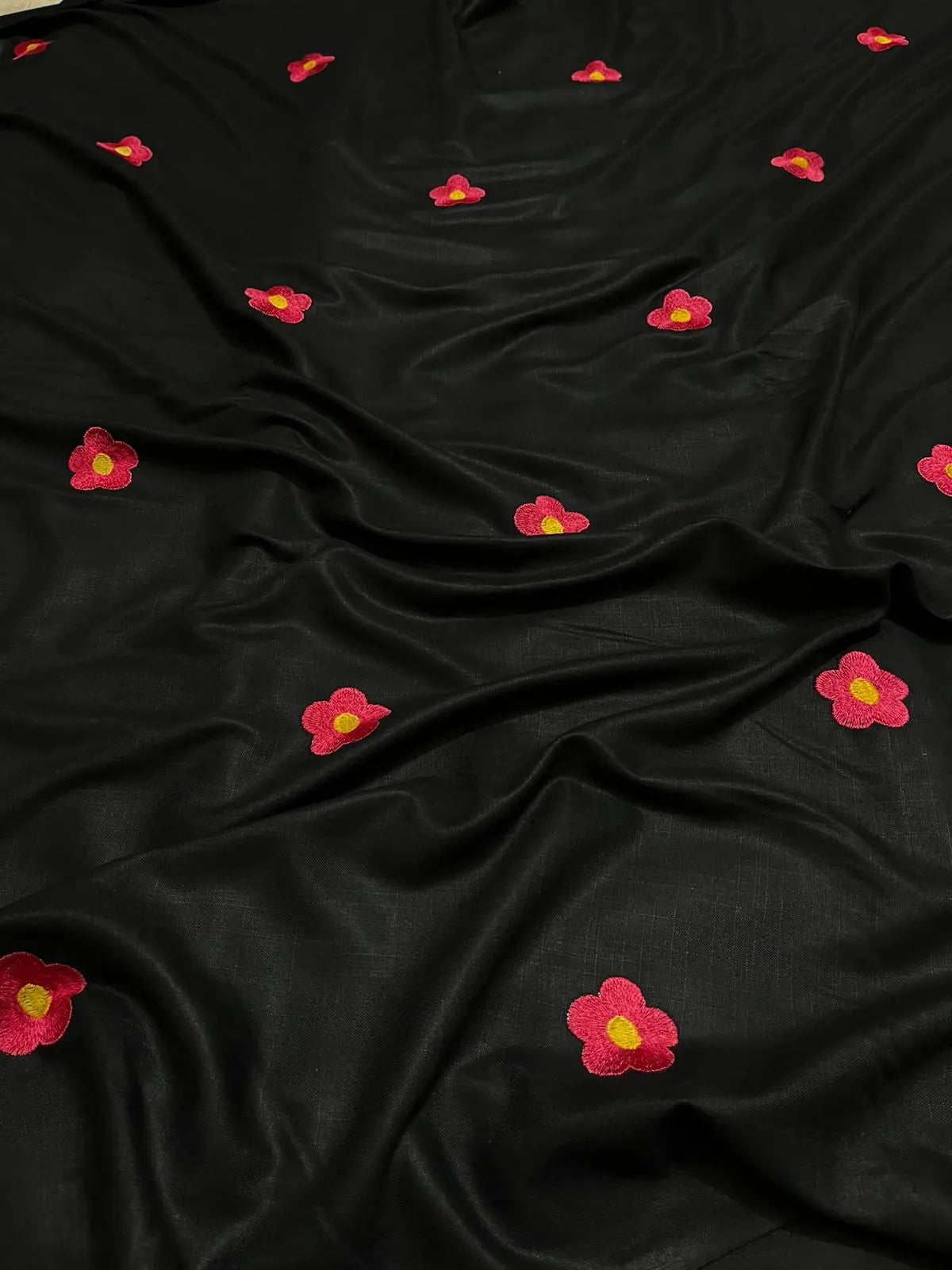 Handloom 100% Viscose Fabric with Embroidery motif - Black with Pink floral embroidery kihums clothing