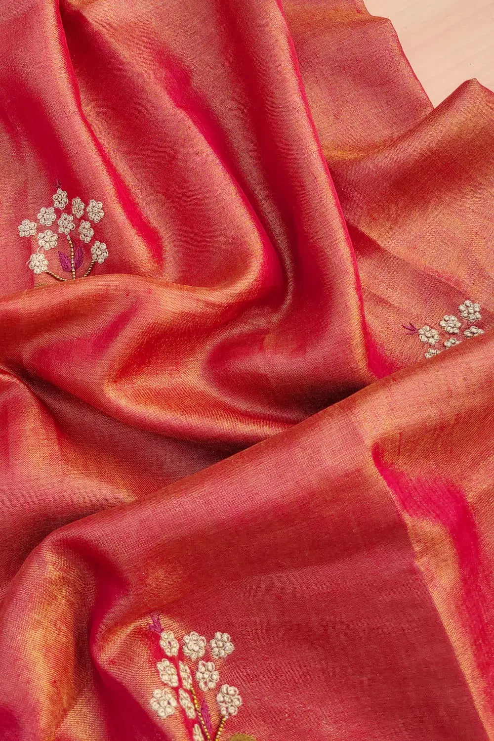 Tomato Red Handwoven Zari Linen Saree with Hand Embroidery Work kihums clothing