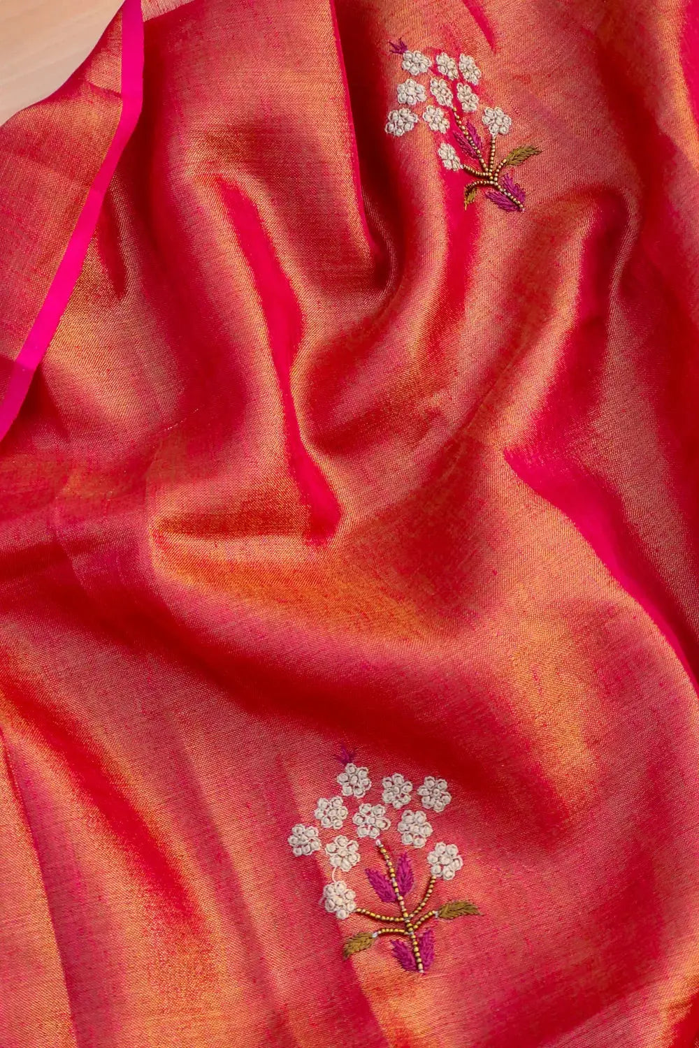 Tomato Red Handwoven Zari Linen Saree with Hand Embroidery Work kihums clothing